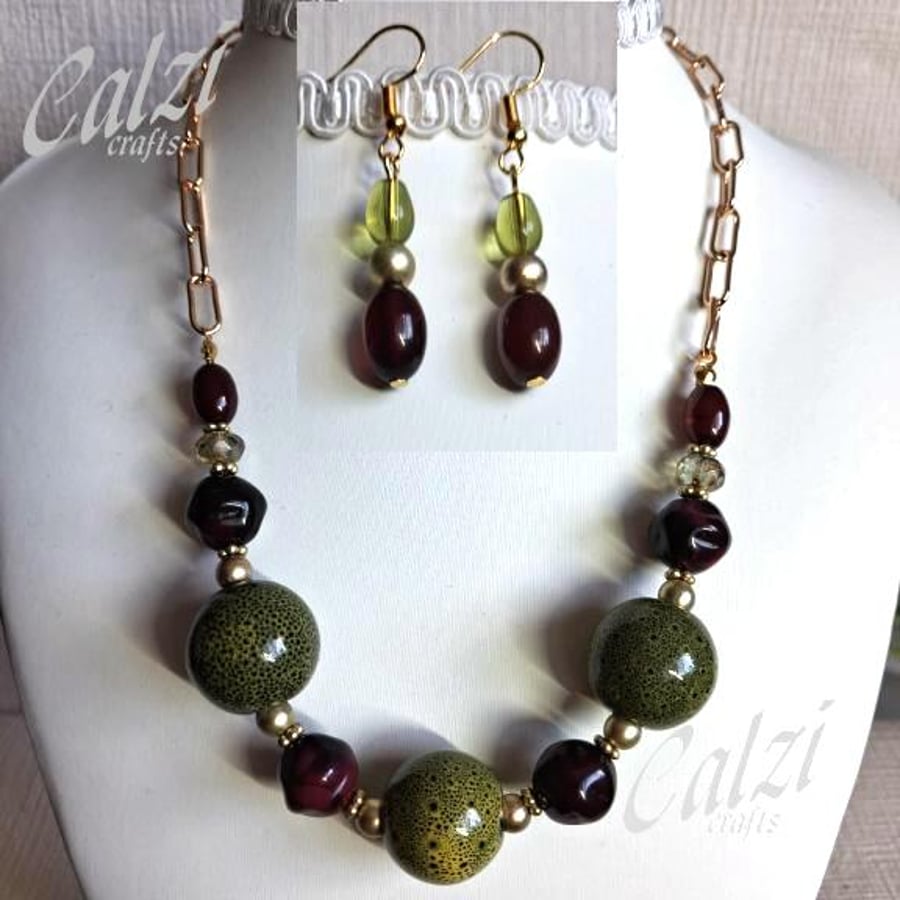 Chunky Green Ceramic And Plum Acrylic Bead Necklace And Matching Earrings