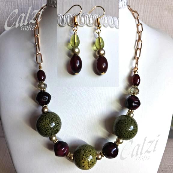 Chunky Green Ceramic And Plum Acrylic Bead Necklace And Matching Earrings
