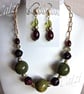 Chunky Green Ceramic And Plum Acrylic Bead Necklace And Matching Earrings