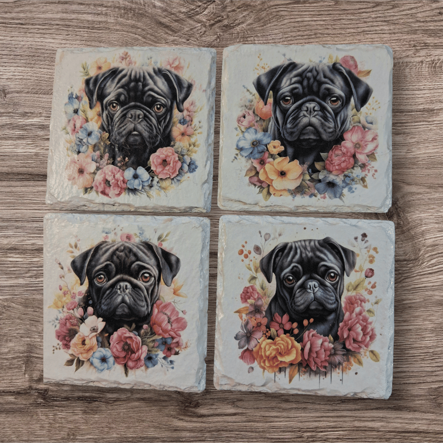 Decoupaged Black Pug Dog Slate Coaster Set of 4