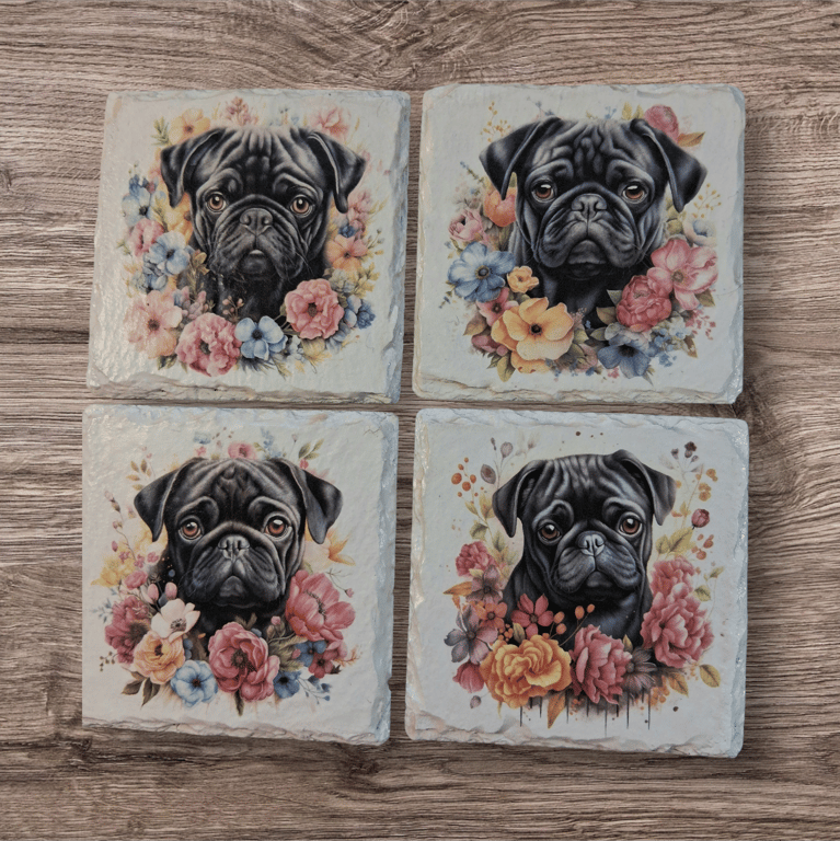 Decoupaged Black Pug Dog Slate Coaster Set of 4