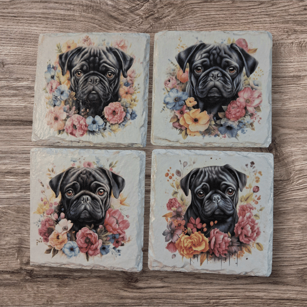 Decoupaged Black Pug Dog Slate Coaster Set of 4