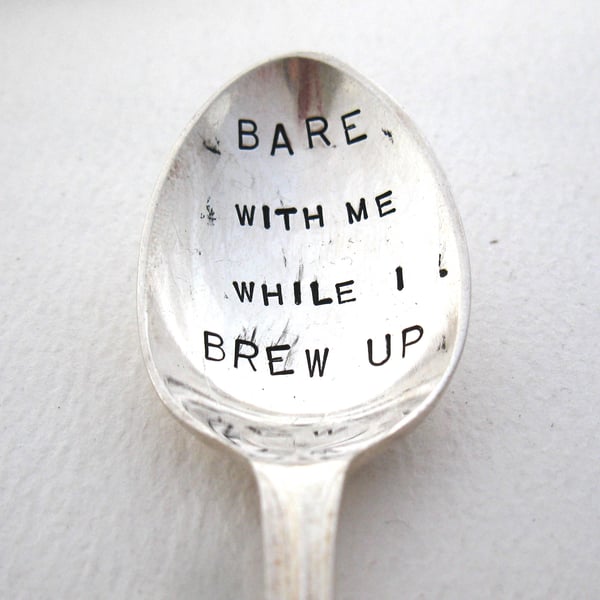 Coffee Spoon for Naturists, Bare with me while I brew up, Handstamped vintage