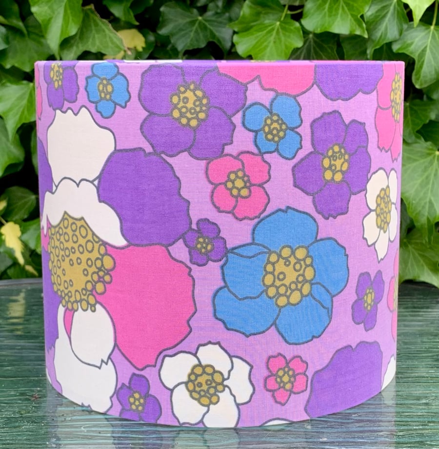Retro Flower Power Pink Blue Purple VIntage 60s 70s  Fabric Lampshade 