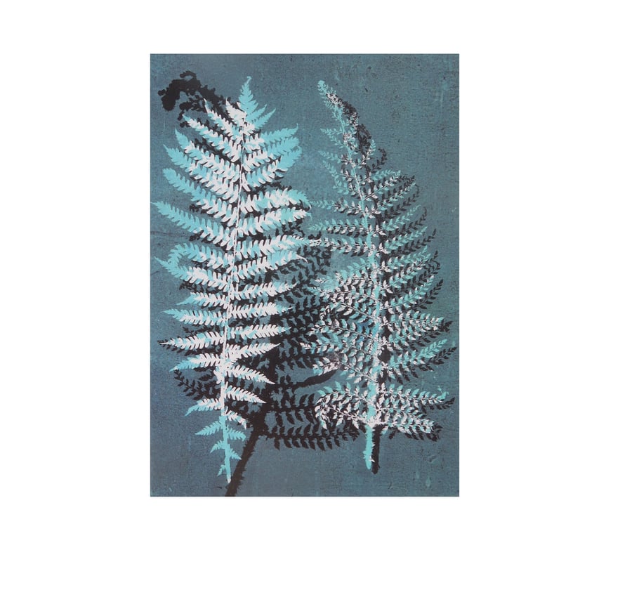 Turquoise fern postcard from original nature monoprint by Stef Mitchell
