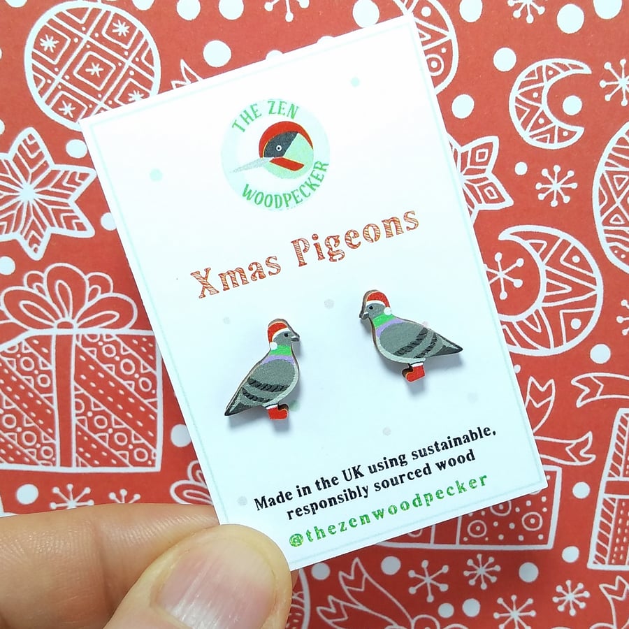 Christmas Pigeon Earrings, Xmas Studs, Silver Plated or Sterling Silver Backs