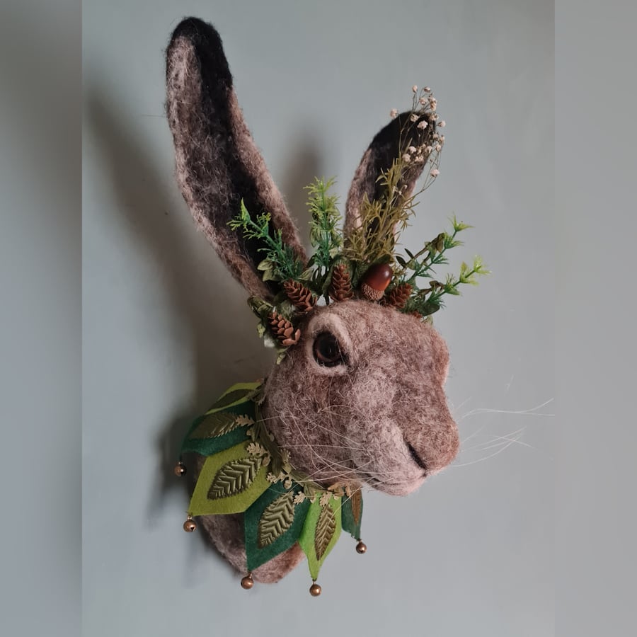 Larger than life needle felted hare head with folklore crown and jester's collar