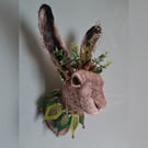 Larger than life needle felted hare head with folklore crown and jester's collar