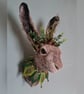 Larger than life needle felted hare head with folklore crown and jester's collar