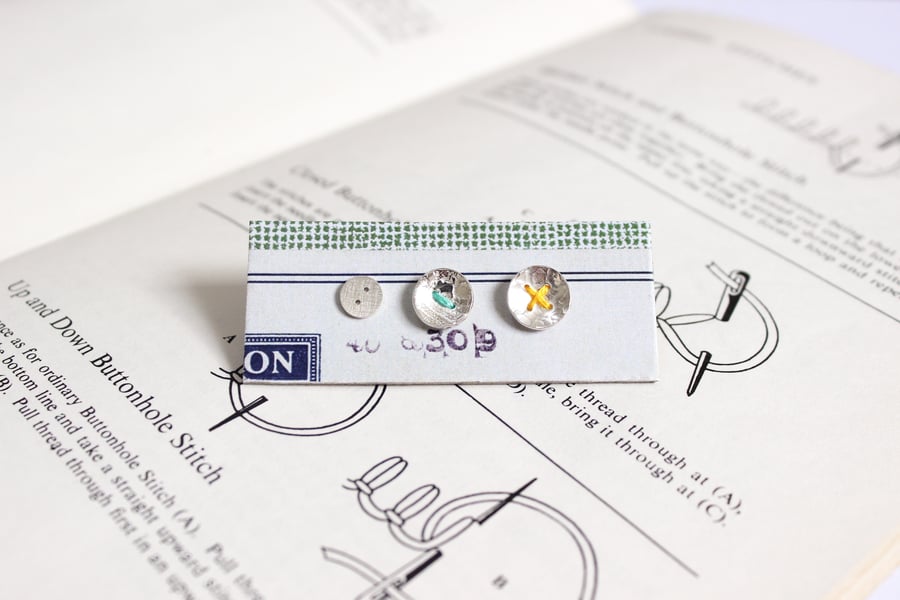 Silver button earring trio, stud earrings