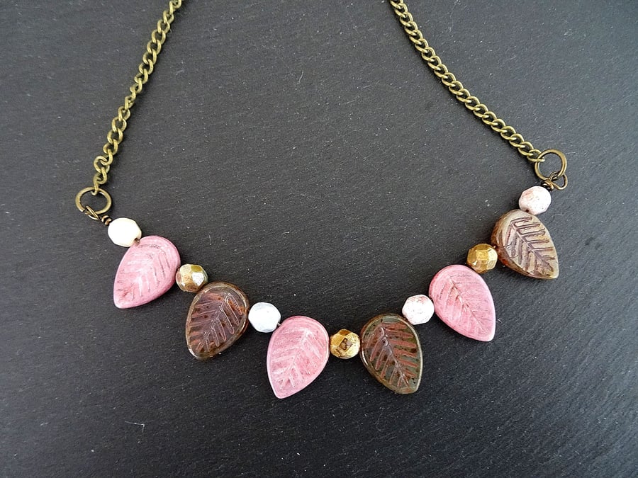 Czech Glass Necklace,Leaf Necklace,Dusky Pink Necklace,Ladies Necklace.