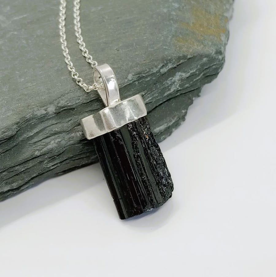 Raw black tourmaline pendant sterling silver protection grounding