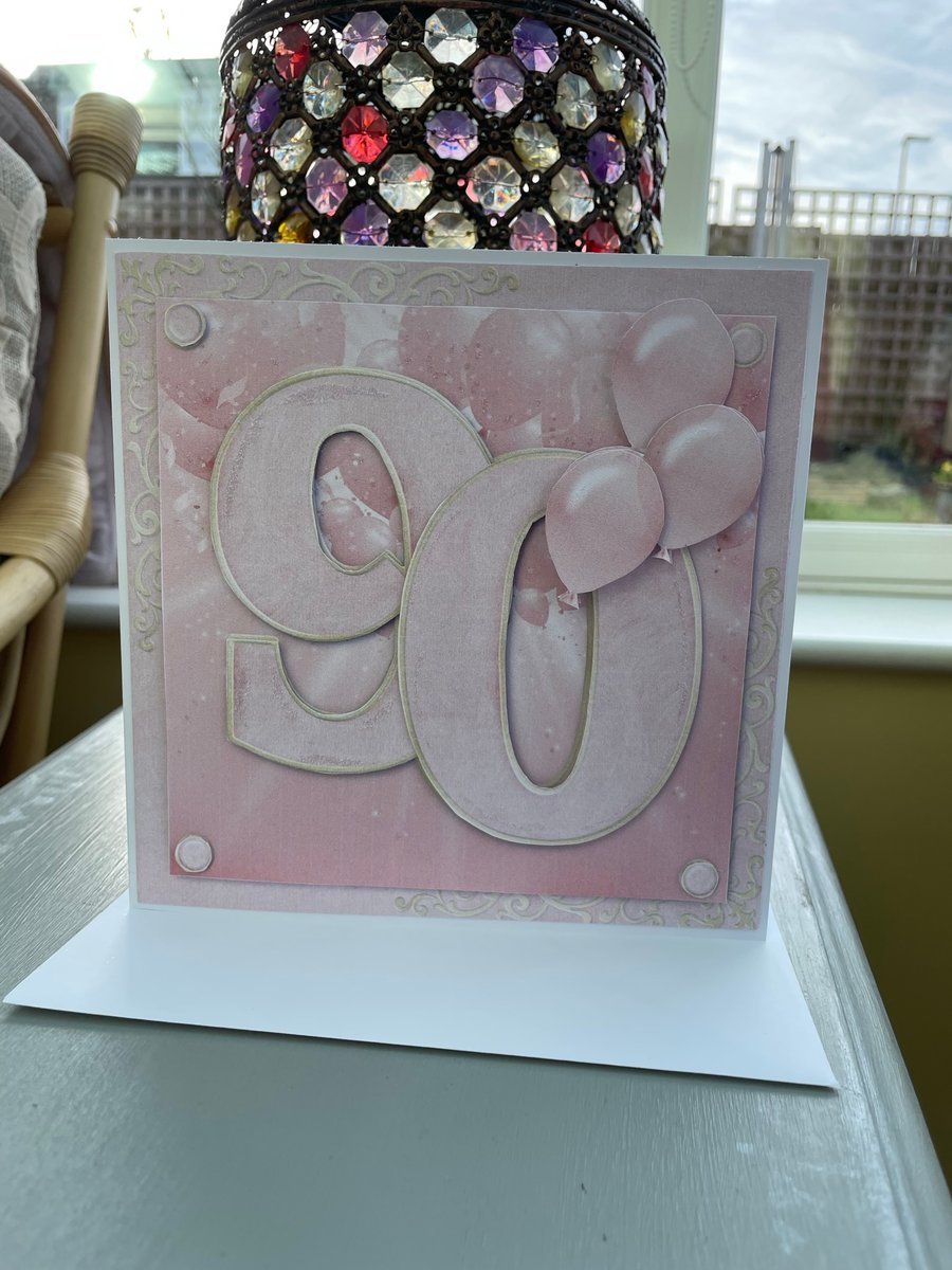Pretty in pink 90th birthday card, customisable to mum, grandma etc.