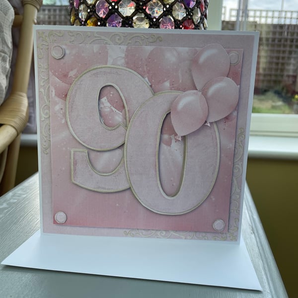 Pretty in pink 90th birthday card, customisable to mum, grandma etc.