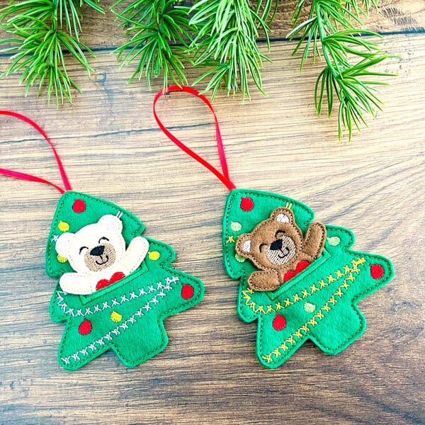 Bear In A Tree Christmas Hanging Decorations Personalised Gift