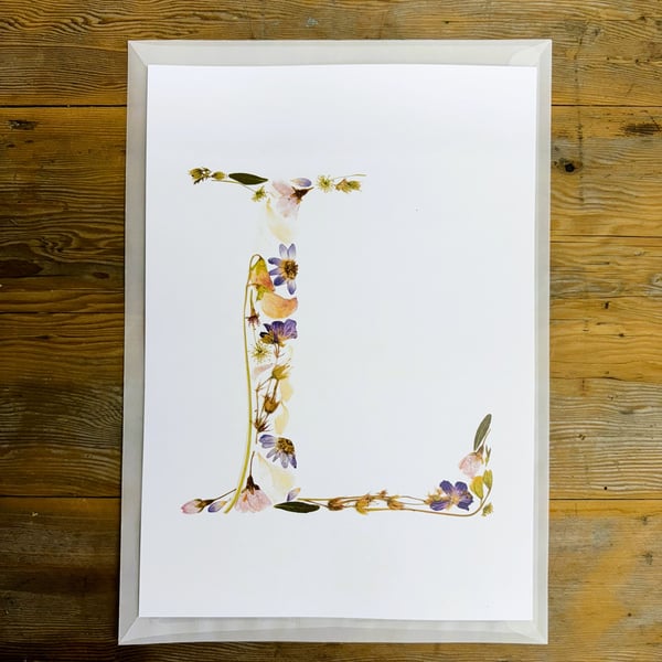 Letter L - pressed flower art print