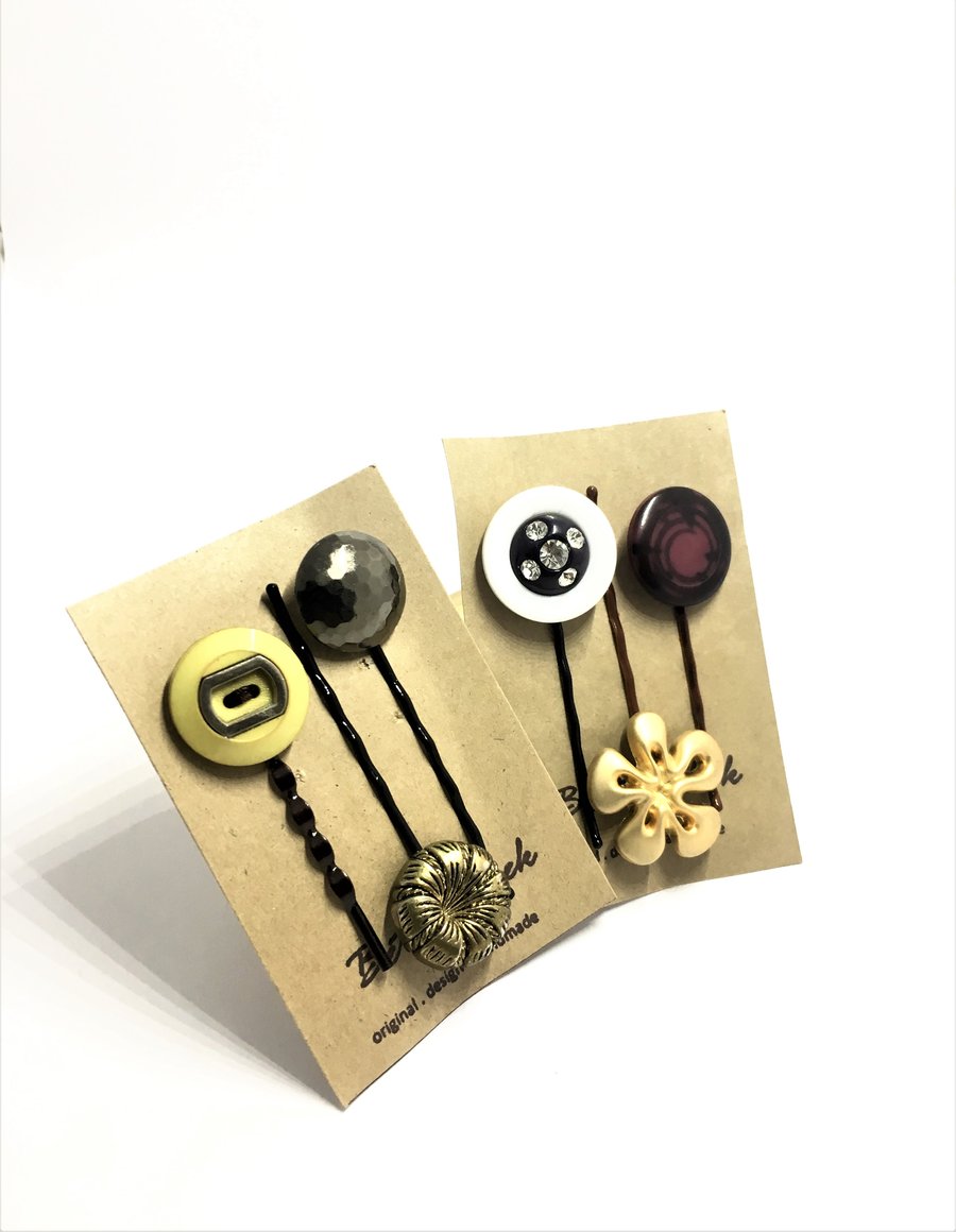 HALF PRICE . Twin Packs Of 6 . Handmade Vintage Buttons Bobby Pins 