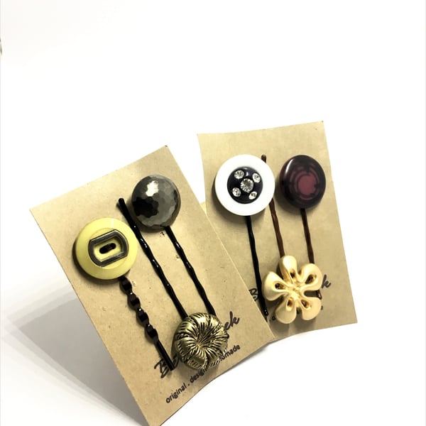 HALF PRICE . Twin Packs Of 6 . Handmade Vintage Buttons Bobby Pins 