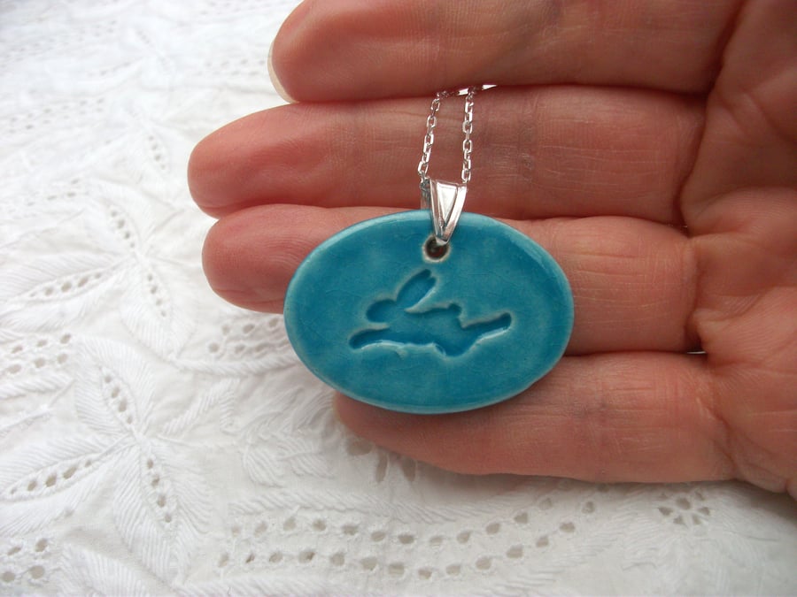 Hare Pendant Necklace. Ceramic Turquoise Pendant Necklace - Sterling Silver