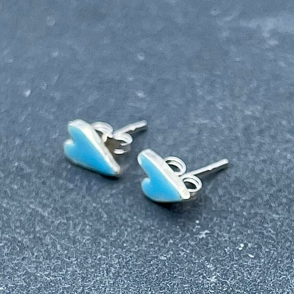 Heart Enamel Studs, blue enamel studs, silver and enamel studs, heart studs, 