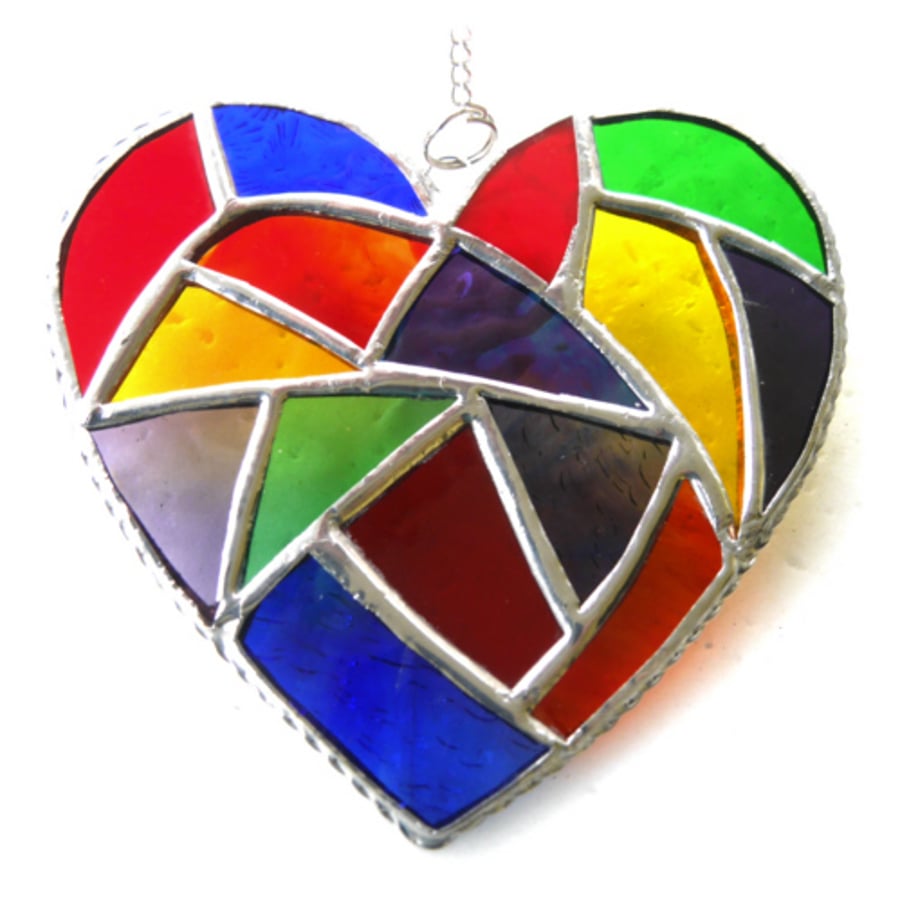 Fat Patchwork Heart Suncatcher Rainbow Stained Glass Handmade 026