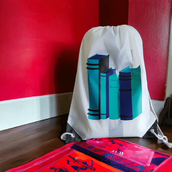 Drawstring bag with book design