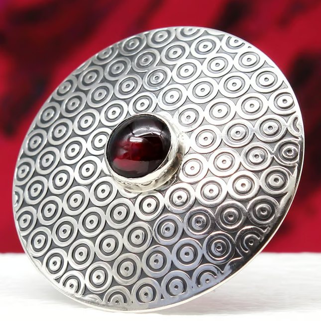 Garnet Brooch Circle Pattern, Large Silver Brooch, No.1