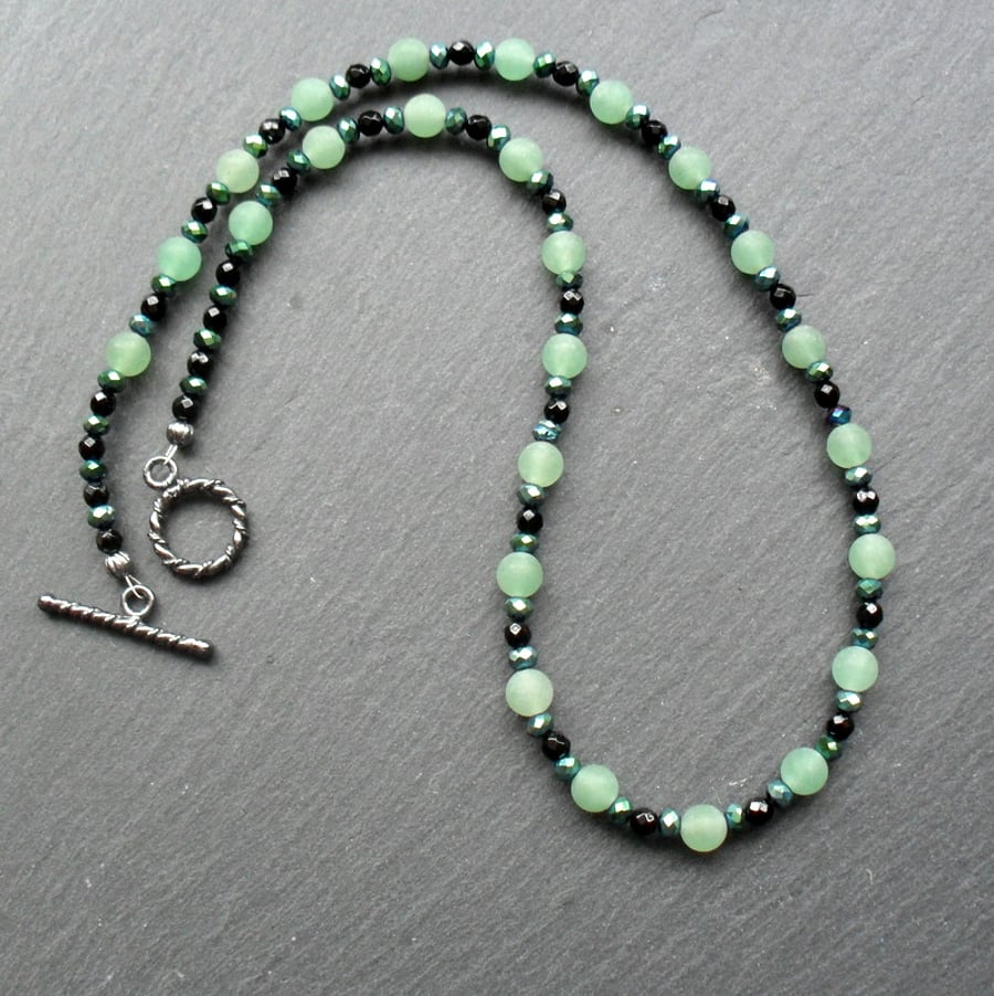 Frosted Green Aventurine Black Agate Crystals Black Tone Necklace