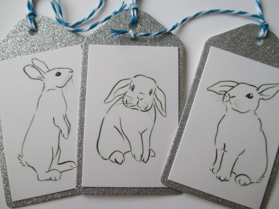 Christmas Gift Tag Bunny Rabbit Line Drawing Silver Glitter x 3