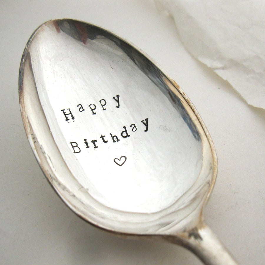 Happy Birthday, Hand Stamped Dessert Spoon, Slight Second