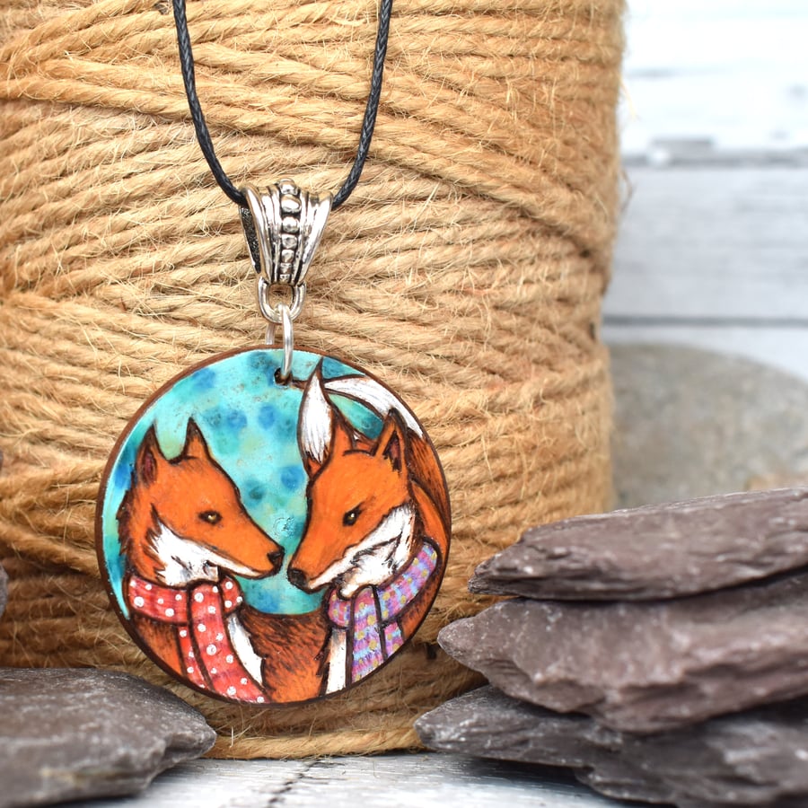SALE Festive Foxes. Pyrography fox couple, round wood pendant.