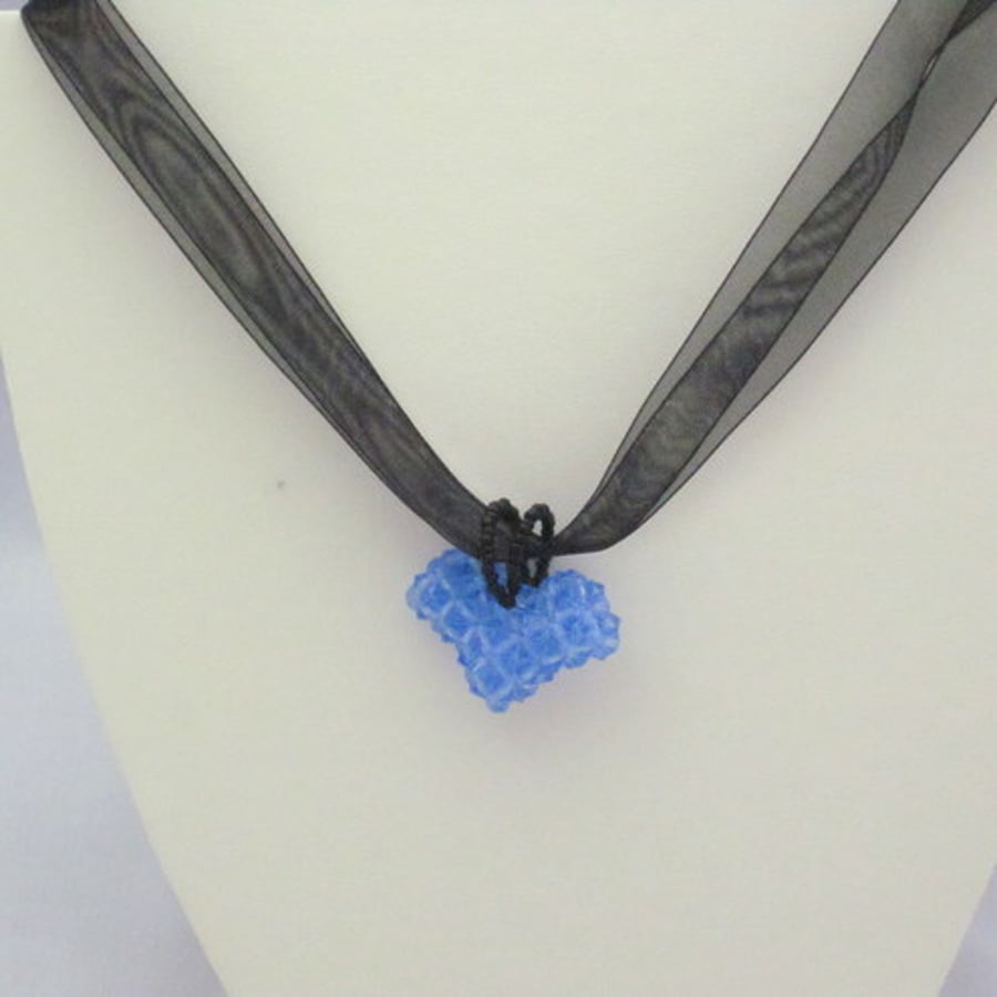 Blue Crystal heart pendant on organza ribbon (286)