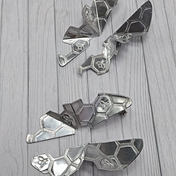 Aluminium Stud Earrings, Half Oval Folded Design, Honeycomb and Bee Pattern