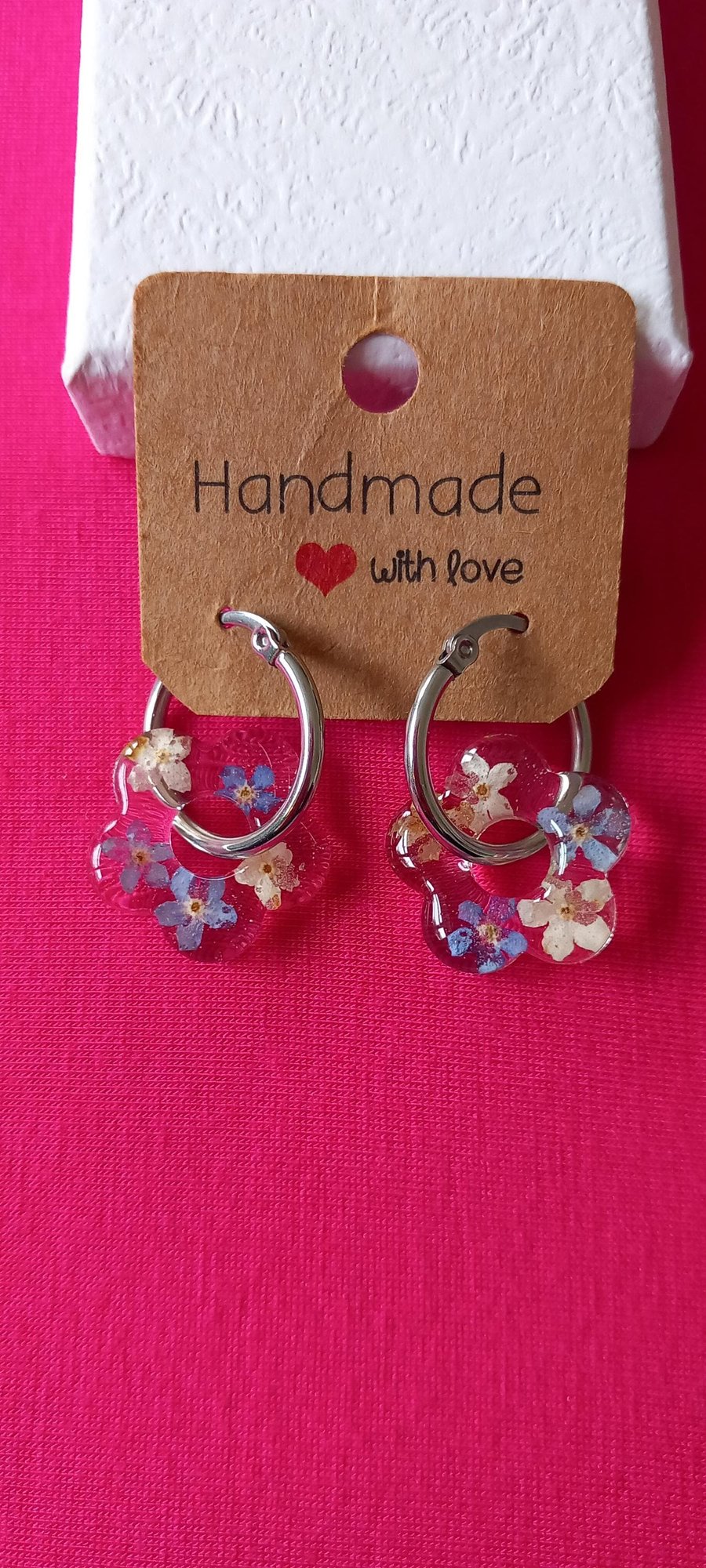 Silver hoop dried flower charm earrings,Forget me not jewellery,Creole latchback