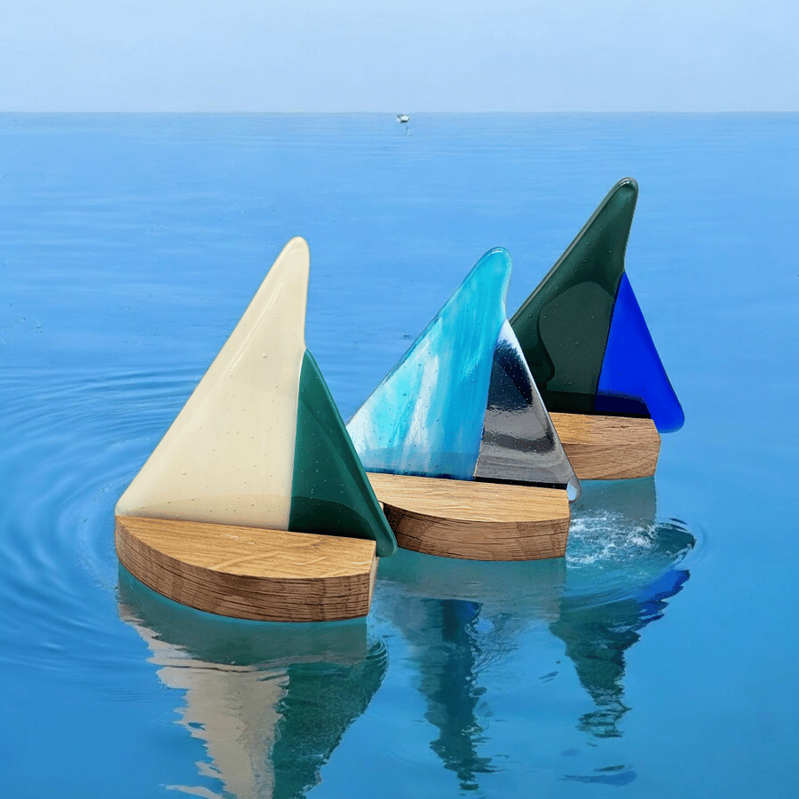 Fused Glass Sailing Boat on a Wooden Stand, Boat Ornament