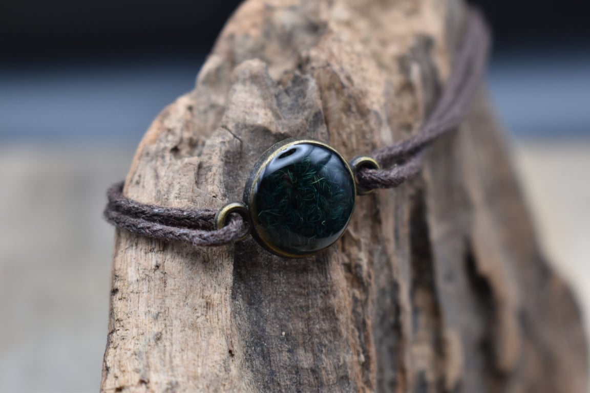 Harris Tweed Resin Bracelet, Green, Adjustable Cotton Cord, Handmade in Scotland
