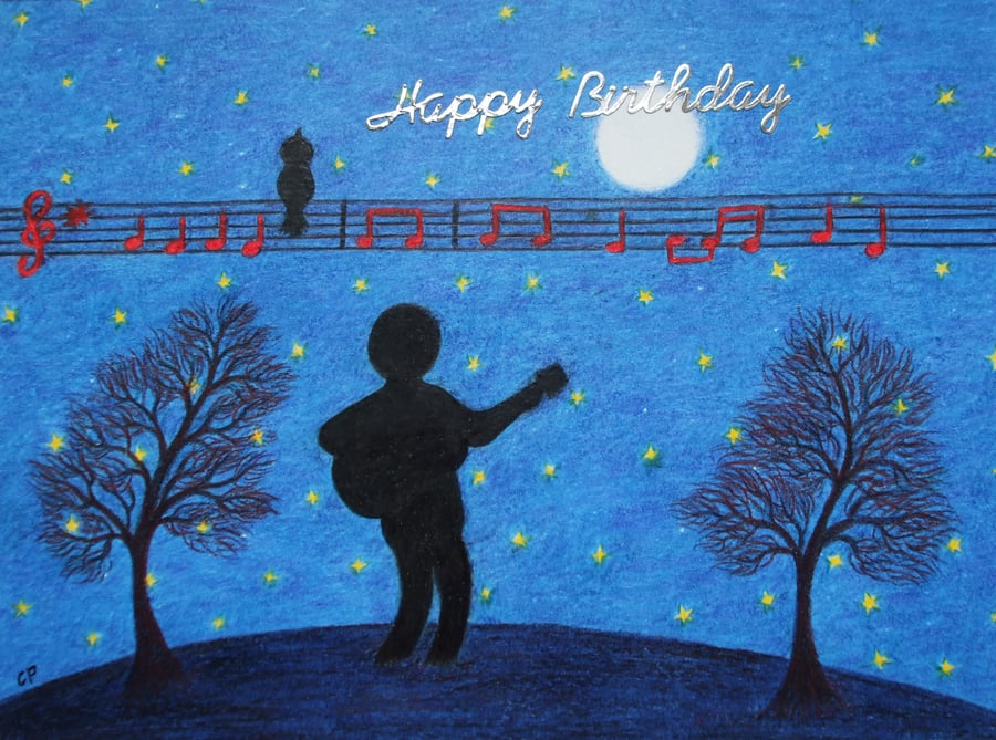 Guitar Birthday Card, Music Moon Stars Card, Guitarist Art Card, Happy Birthday