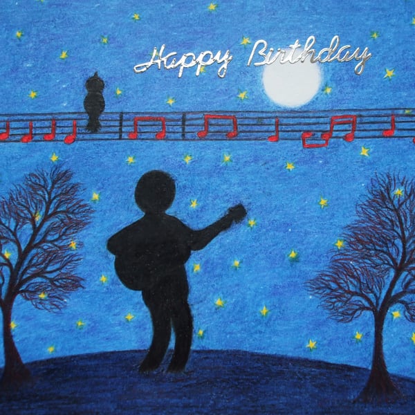 Guitar Birthday Card, Music Moon Stars Card, Guitarist Art Card, Happy Birthday