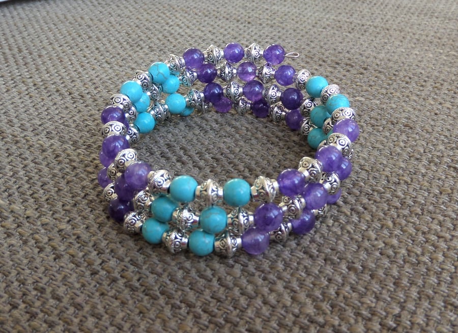 Tibetan silver, turquoise and purple gemstone memory wire wrap bracelet