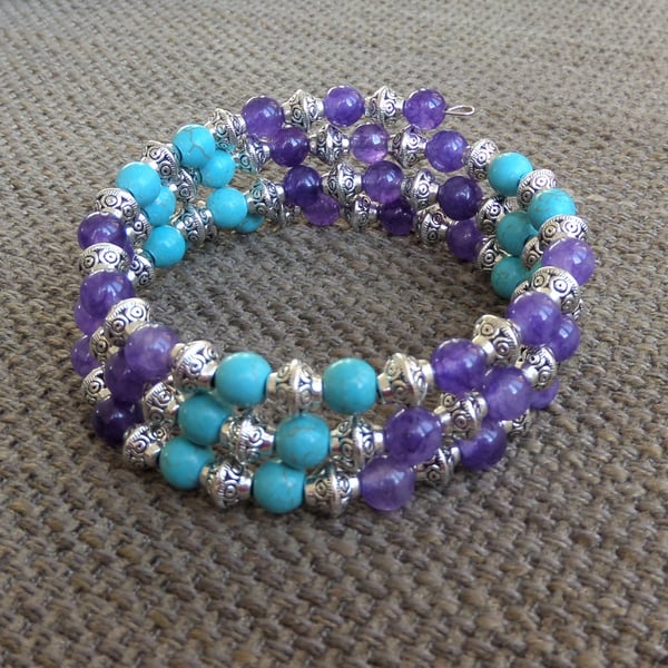 Tibetan silver, turquoise and purple gemstone memory wire wrap bracelet