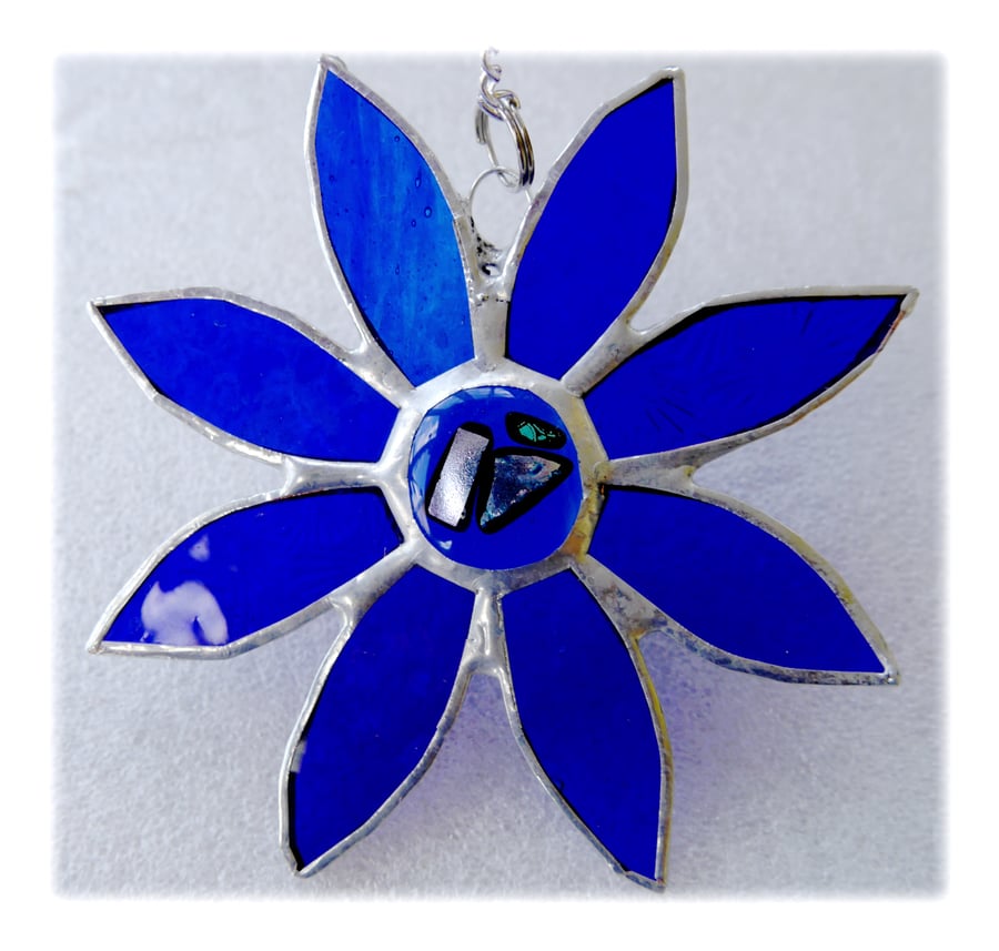 Blue Daisy Suncatcher Stained Glass Flower Dichroic 030