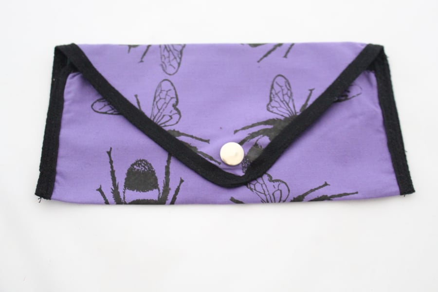 zip up hand print purple bee print pouch bag,zero waste,vegan Eco friendly gift 