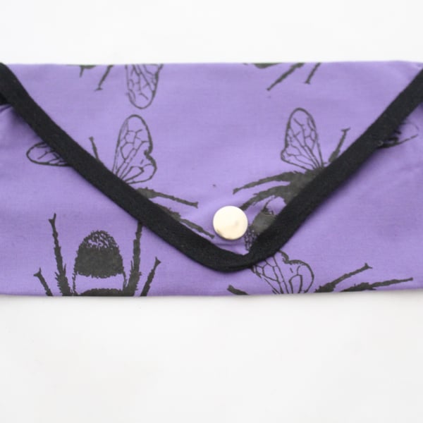 zip up hand print purple bee print pouch bag,zero waste,vegan Eco friendly gift 