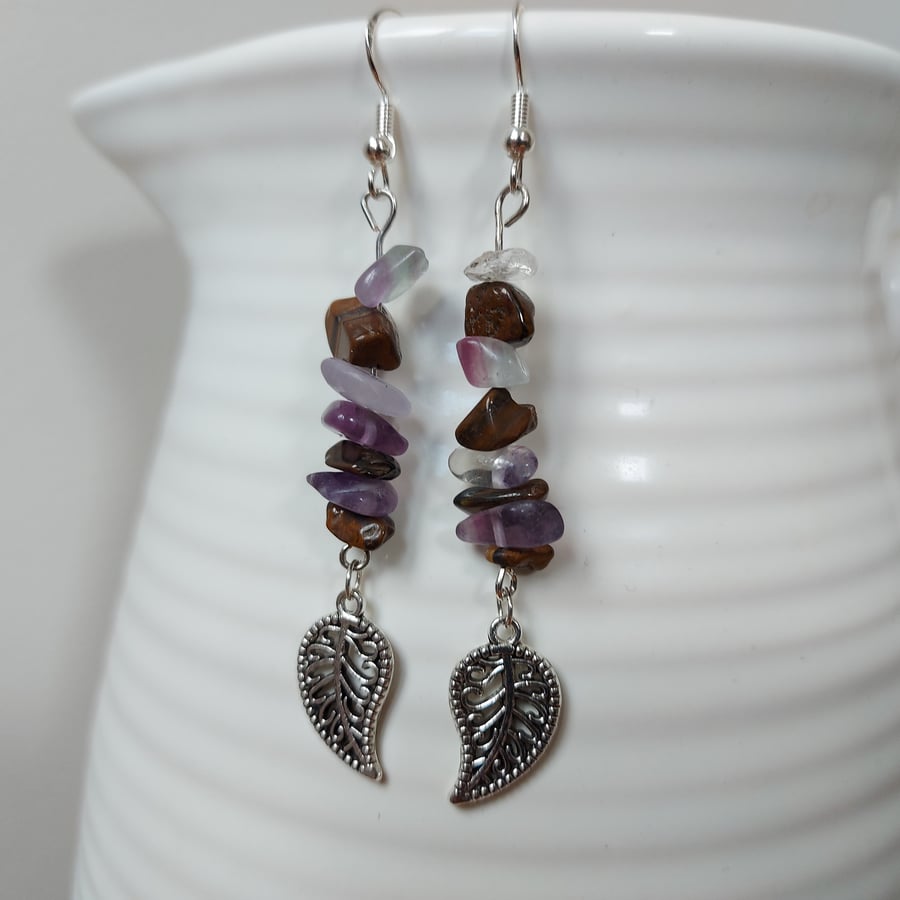 Leaf charm dangle earrings with amethyst and tiger's eye gemstone chips.