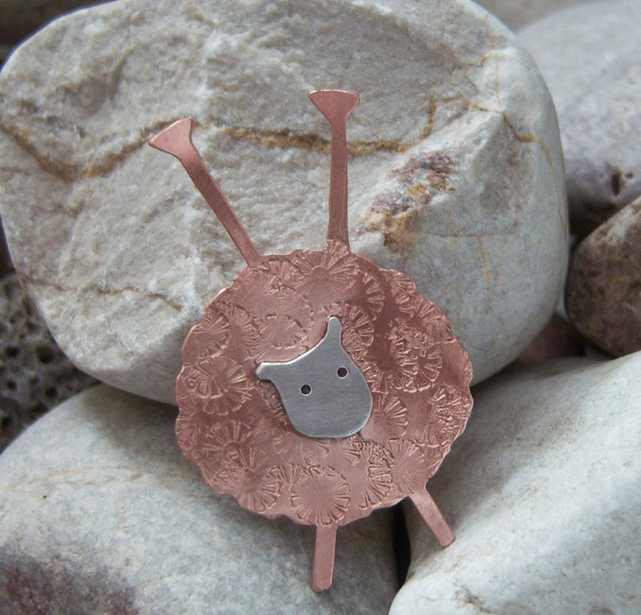 Knitting Needle Sheep brooch in copper and sterling silver