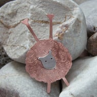 Knitting Needle Sheep brooch in copper and sterling silver