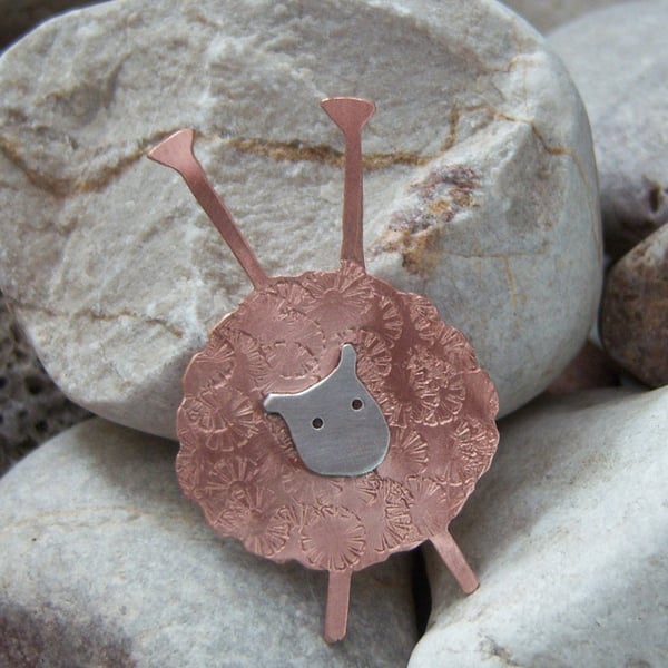 Knitting Needle Sheep brooch in copper and sterling silver