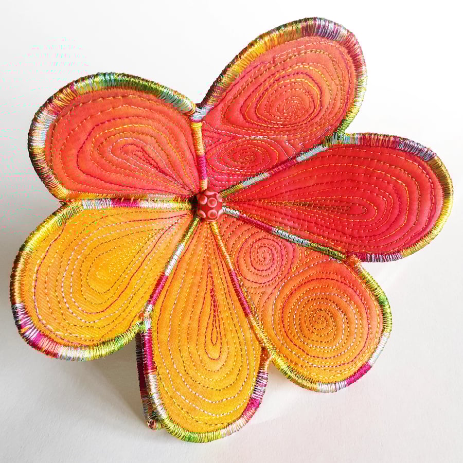 Textile Art Flower with Free Machine Embroidery 