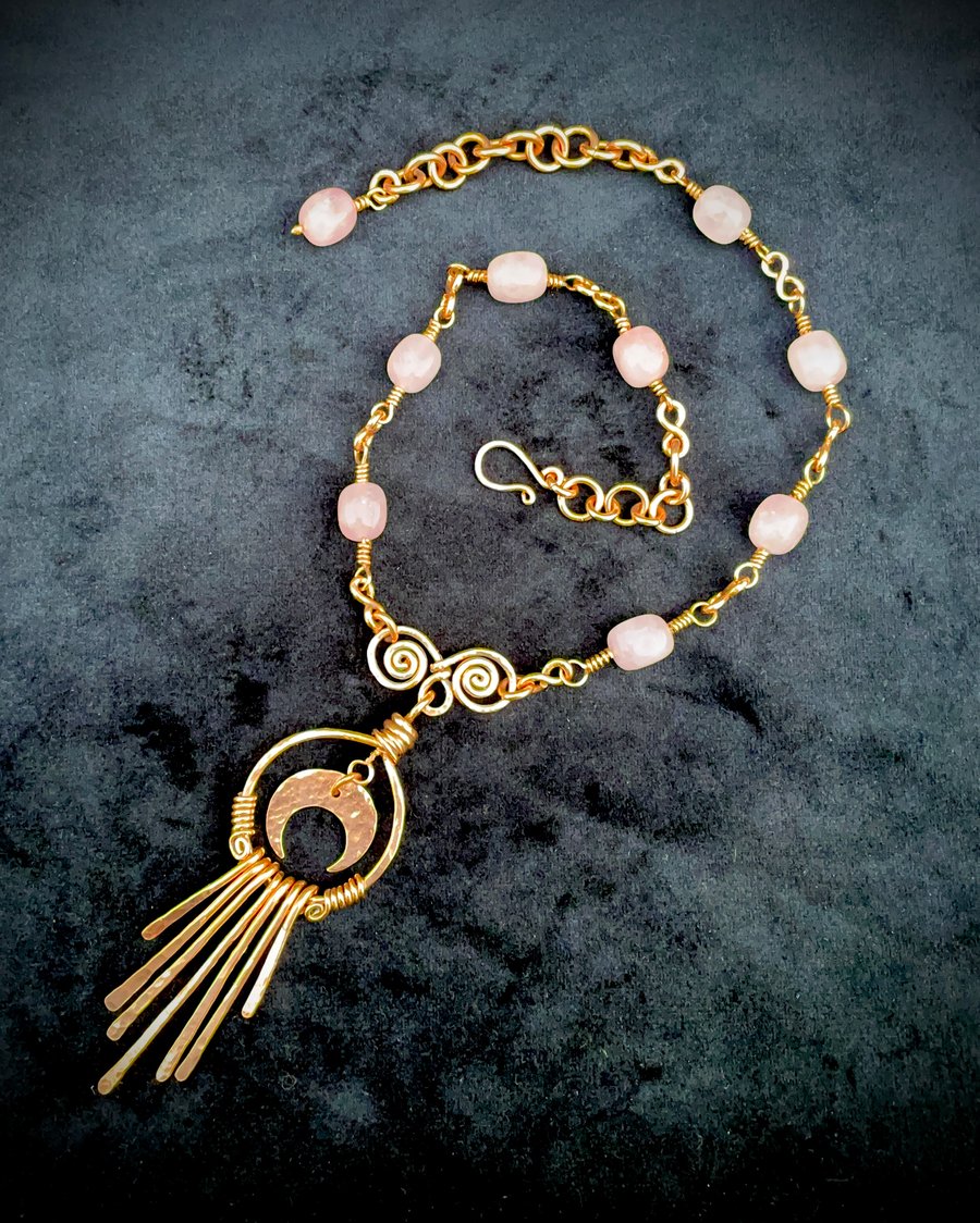 Crescent Moon and Sun Ray Rose Quartz Pendant Necklace