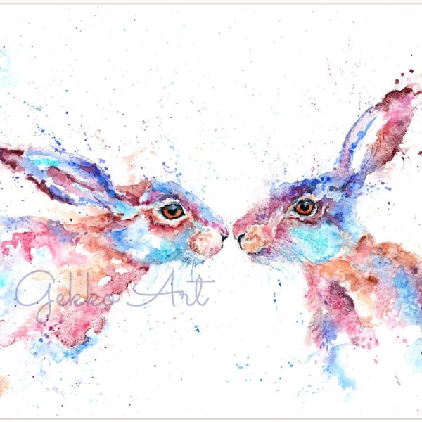 Kissing Hares A Ltd Edition Fine Art Print from an Original Watercolour Painting